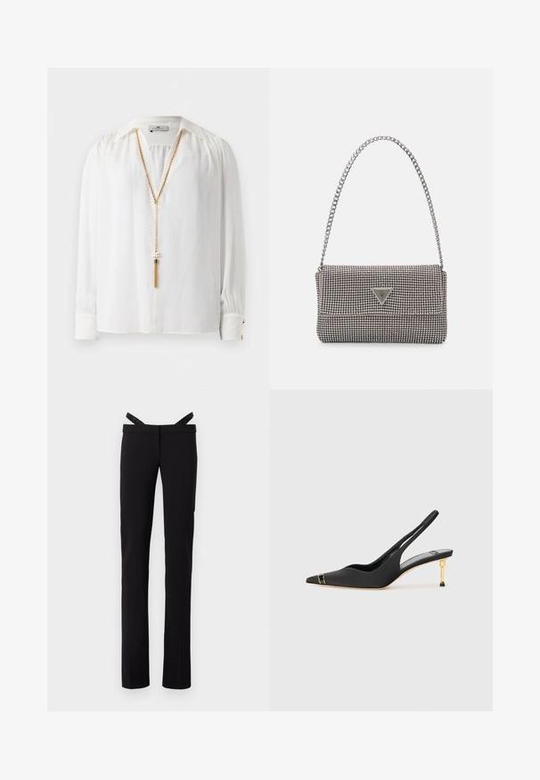 Balta ilga rankovė bluzonė su surinktomis pečių siūlėmis, smailiu apykakle, sagomomis rankovėmis ir ilgu auksiniu grandinėliu su kutu.; Juodos tiesios kojos kelnės su siauru siluetu ir blizgiomis juodomis petnešomis, prisegtomis prie juosmens, prieš baltą foną.; Juodas satino batai su uždaru kulnu, su smailiu pirštu, turintys kultinę akcentą prie piršto ir auksinį metalinį kulną. Lygi tekstūra, minimalus dizainas.; Šviesiai pilka metalinė rankinė su grandinėlės dirželiu, papuošta mažais apvaliais metaliniais smeigėmis ir trikampiu prekės ženklu.