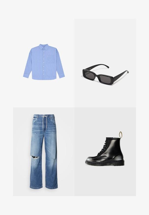 Modrá pruhovaná košile s dlouhými rukávy, zapínáním na knoflíky a náprsní kapsou. Má úzké vertikální pruhy v různých odstínech modré.; Světle modré džíny s volným střihem, vybavené bílým stahovacím pasem a výraznými roztrženinami na přední straně, které odhalují třepené okraje.; Černé kožené kotníkové boty s lesklým povrchem, osmi oky, černými tkaničkami a poutkem. Vyznačují se texturovanou podrážkou s profilováním.; Černé obdélníkové sluneční brýle s tmavými skly, lesklým povrchem, širokými ramínky a robustním designem rámu. Vytlačený název značky na jednom ramínku.