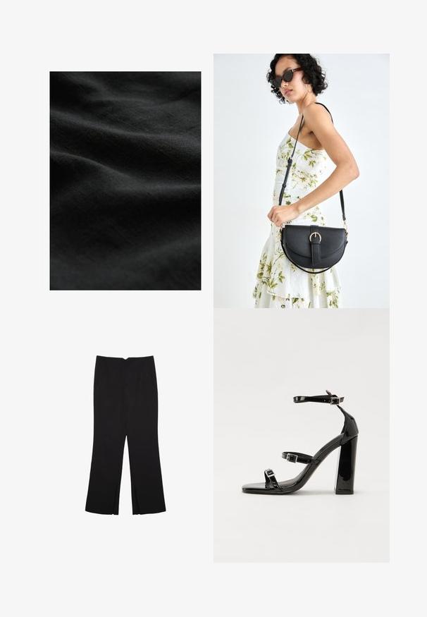 Schwarzer Stoff mit einer glatten, weichen Textur, die subtile Falten und ein mattes Finish aufweist. Keine sichtbaren Muster oder Hardware.; Schwarze Hose mit geradem Schnitt, ausgestattet mit Fronttaschen und Seitenschlitzen am Saum. Hergestellt aus weichem, glattem Stoff. Geeignet für verschiedene Anlässe.; Schwarze patentierte Sandalen mit Absatz, quadratischer Spitze, Knöchelriemen und silbernen Schnallen. Mit einem stabilen Blockabsatz für mehr Stabilität.; Schwarze Lederhandtasche mit geschwungener Form, abnehmbarem Tragegurt und goldenen Beschlägen. Die Tasche verfügt über einen Deckel mit einer Schnallen-Details.