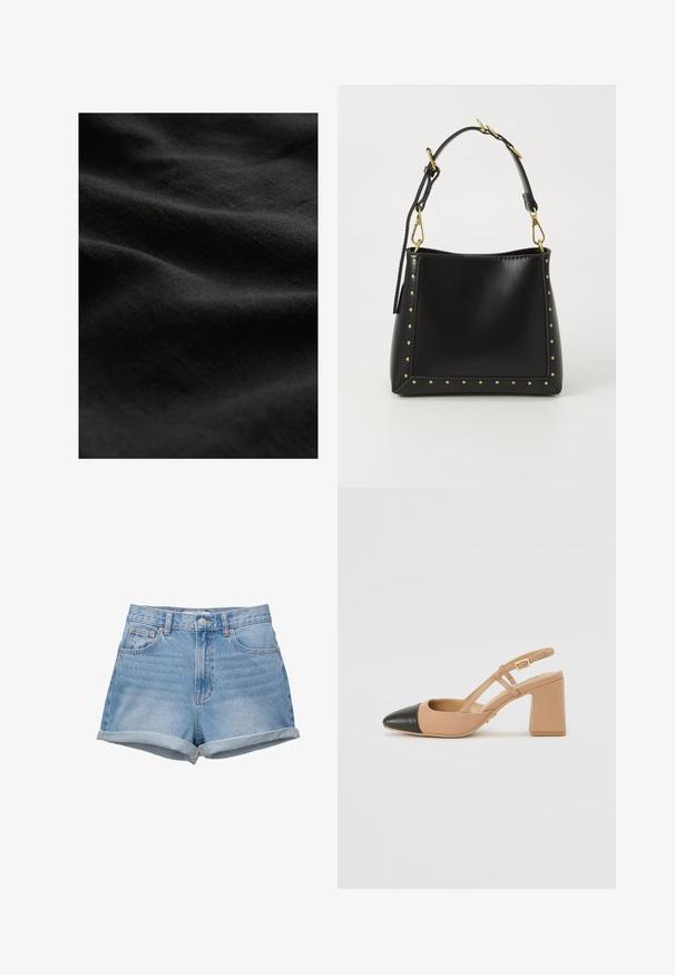 Zwarte stof met een gladde, zachte textuur, met subtiele kreuken en een matte afwerking. Geen zichtbare patronen of hardware.; Denim shorts in een lichtblauwe wastint, high-waisted met een knoopsluiting, vijf zakken en omgeslagen zoom. Gladde textuur, klassiek ontwerp.; Beige slingback schoen met een zwarte neus, een vierkante hoge hak en twee bandaccenten, gemaakt van glad materiaal.; Zwarte leren handtas met een gestructureerde vorm, voorzien van gouden studs langs de randen en een afneembare strap met gouden hardware-accenten.; Gouden ketting met een robuuste schakel en een gladde schakels, gecombineerd met een delicate ketting die een hartvormige hanger met stenen accenten vasthoudt.