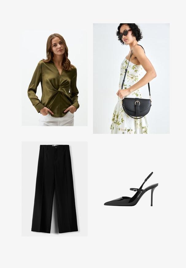 Olive green satin shirt with a v-neck and twisted front design. Long sleeves with buttoned cuffs. Smooth texture, fitted silhouette.; Black wide-leg trousers made of lightweight fabric, featuring a front button closure and flat front, with neatly stitched hems.; Black patent leather slingback high heels with a pointed toe, adjustable strap, and stiletto heel. Smooth surface with shiny finish.; Black leather handbag with a curved shape, detachable strap, and gold hardware. The bag features a flap with a buckle detail.