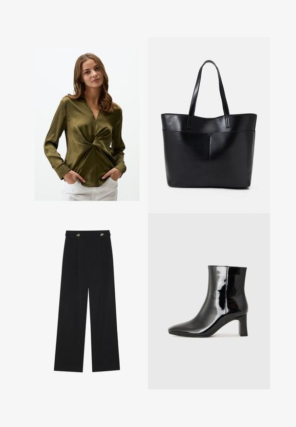 Camicia in satin verde oliva con scollatura a V e design frontale attorcigliato. Maniche lunghe con polsini abbottonati. Tessuto morbido, silhouette aderente.; Pantaloni neri a gamba larga con vita alta, dettagli con bottoni in vita e pieghe frontali.; Stivaletto in pelle verniciata nera con punta a punta e tacco a blocco di altezza media. Texture liscia e design minimalista.; Borsa a tracolla in pelle nera con due manici lunghi, una texture liscia e una forma strutturata. Presenta una tasca frontale per ulteriore spazio di archiviazione.
