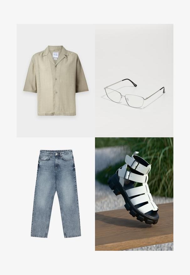 Kortermet skjorte med knapper i lys khaki stoff. Har en camp krage, rett snitt og fem knapper foran. Teksturert overflate.; Lys blå denimjeans med rett benkutt, synlige sømmer, fem lommers design og knappelukking i livet.; Hvite stroppesandaler med doble spenneakenter, en tykk svart såle og åpen tå-design. Overflatekjøtt er glatt med en matt finish.; Metallbriller med en tynn sølvramme, vinklet linser, klart glass og svarte gummidetaljer på brillestengene. Lettvektig og minimalistisk design.