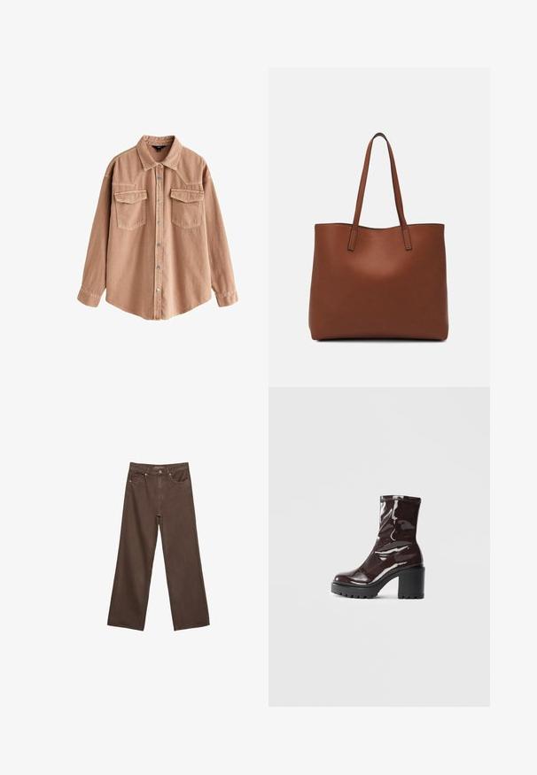 Svijetlosmeđa traper košulja s dugim rukavima, oštrim ovratnikom, dva prednja džepa i srebrnim kopčama na gumb. Ima opušteni kroj i izdržljivu teksturu.; Proširene smeđe traperice od denima, s visokim strukom, prednjim džepovima i klasičnom kopčom na dugme. Glatka tekstura s suptilnim šavovima.; Sjajna burgundska čizma do gležnja s debelim crnim potplatom, koja se odlikuje glatkom teksturom i jednostavnim dizajnom. Nema vidljivih kopčanja ili uzoraka.; Smeđa kožna torba preko ramena s glatkom teksturom, otvorenim vrhom i dvjema naramenicama. Ima minimalne šavove i nema vidljivog hardvera.