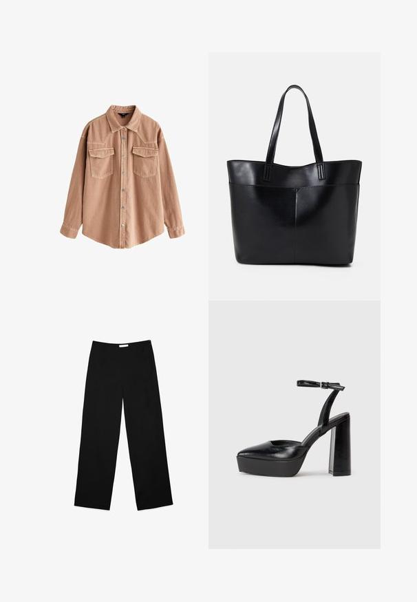 Camisa de denim marrón claro con mangas largas, cuello puntiagudo, dos bolsillos frontales y botones a presión plateados. Tiene un corte relajado y una textura duradera.; Pantalones de pierna ancha en tela negra, con una textura suave, un diseño limpio y un discreto cierre lateral con cremallera.; Zapatos de tacón negro con punta afilada y correa ajustable en el tobillo. Confeccionados en cuero suave, presentan un tacón grueso.; Bolso tote de cuero negro con dos asas largas, textura suave y forma estructurada. Cuenta con un bolsillo frontal para almacenamiento adicional.