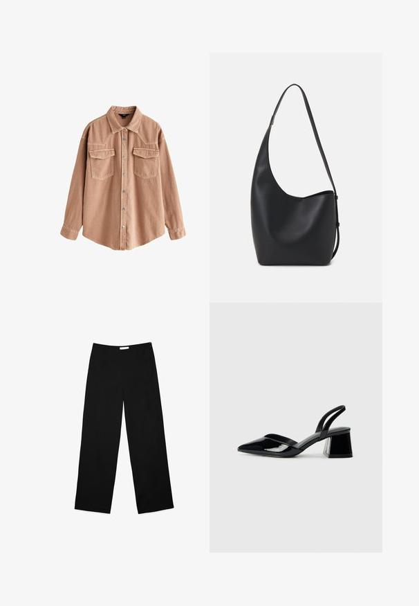Svjetlosmeđa traper košulja s dugim rukavima, šiljastim ovratnikom, dvije prednje džepove i srebrnim dugmadi na snap. Karakterizira je opušteni kroj i izdržljiv materijal.; Široke hlače iz črne tkanine, z gladko teksturo, čisto zasnovo in skritim zadrgo ob strani za zapiranje.; Črne lakirane slingback pete s koničastim nosom in geometrijsko blokasto peto. Imajo eleganten, minimalističen dizajn in gladko teksturo.; Črna usnjena hobo torba z gladko teksturo, ukrivljeno obliko in eno nastavljivo naramnico; ima širok odprtina na vrhu.