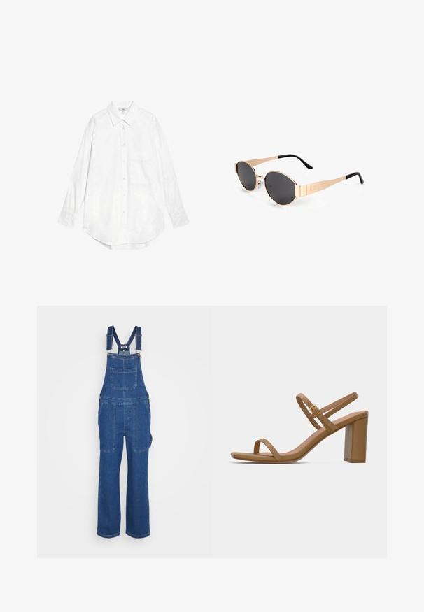 Marks & Spencer OVERSIZED - Blusa - white; Pantalones de mezclilla en un tono azul medio. Presentan tirantes ajustables, bolsillo frontal y piernas anchas. Textura suave con detalles de costura básicos.; Sandalias de tacón de color marrón claro con dos correas delgadas y un tacón cuadrado. Material suave con un diseño minimalista y un pequeño detalle de hebilla dorada.; Gafas de sol ovaladas en tono dorado con lentes oscuros, que presentan un diseño elegante, brazos finos y un acento negro en la patilla. Número de modelo L37.; Bolso tote de cuero trenzado marrón con dos asas, de forma estructurada y superficie texturizada, con un patrón de diamantes en todo su diseño.; Singularu DROP - Pendientes - gold-coloured