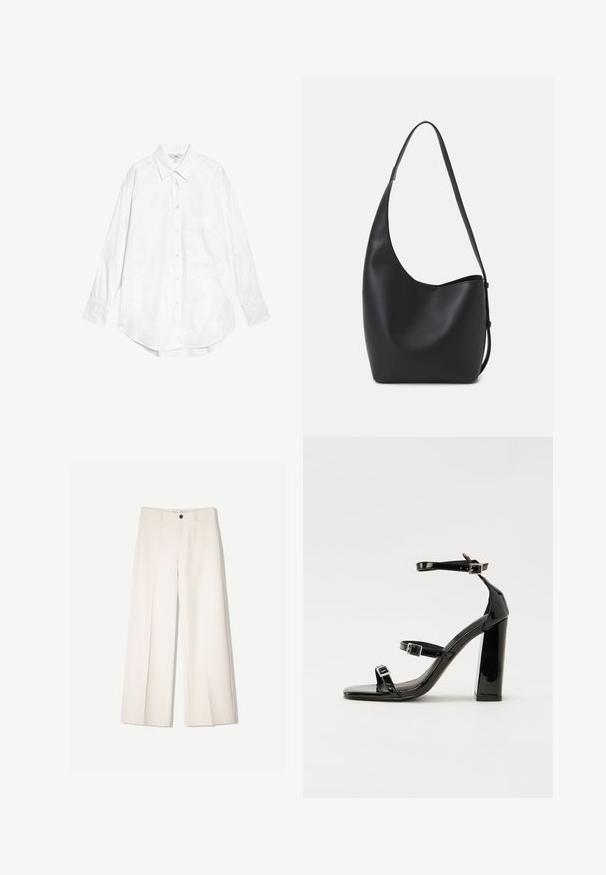 Marks & Spencer OVERSIZED - Overhemdblouse - white; Crème brede broek met een tailored ontwerp, voorzien van twee voorzakken en een enkele sluiting met een knop aan de voorkant, gemaakt van een gladde stof.; Zwarte gepatenteerde sandalen met hak en een vierkante neus, enkelbandjes en zilveren gespen. Heeft een stevige blokhak voor stabiliteit.; Zwarte leren hobo tas met een gladde textuur, kromme vorm en een enkele verstelbare schouderband; heeft een brede opening aan de bovenkant.