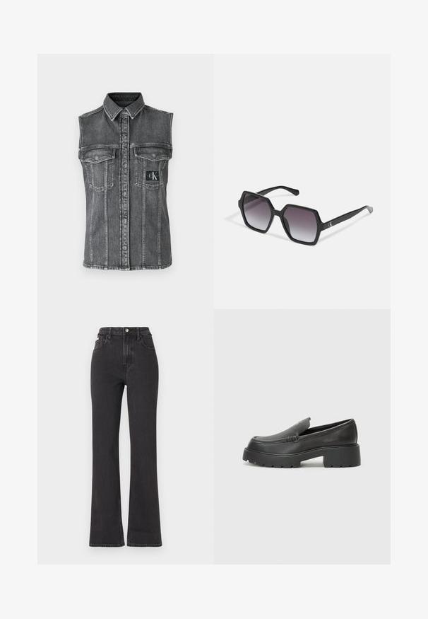 Calvin Klein Jeans SLEEVELESS LEAN SHIRT - Top - denim grey; Jeans flared pretos de cintura alta feitos de denim, com fecho de botão, passadores para cinto e bolsos laterais. Textura suave com desbotamento mínimo.; Mocassins de couro preto com bico arredondado, sola espessa e texturizada, e detalhes de costura minimalistas. Design elegante sem atacadores ou ferragens visíveis.; Óculos de sol hexagonais pretos com lentes degradê, apresentando um acabamento brilhante e uma marcação subtil na têmpora. Construção em plástico durável.