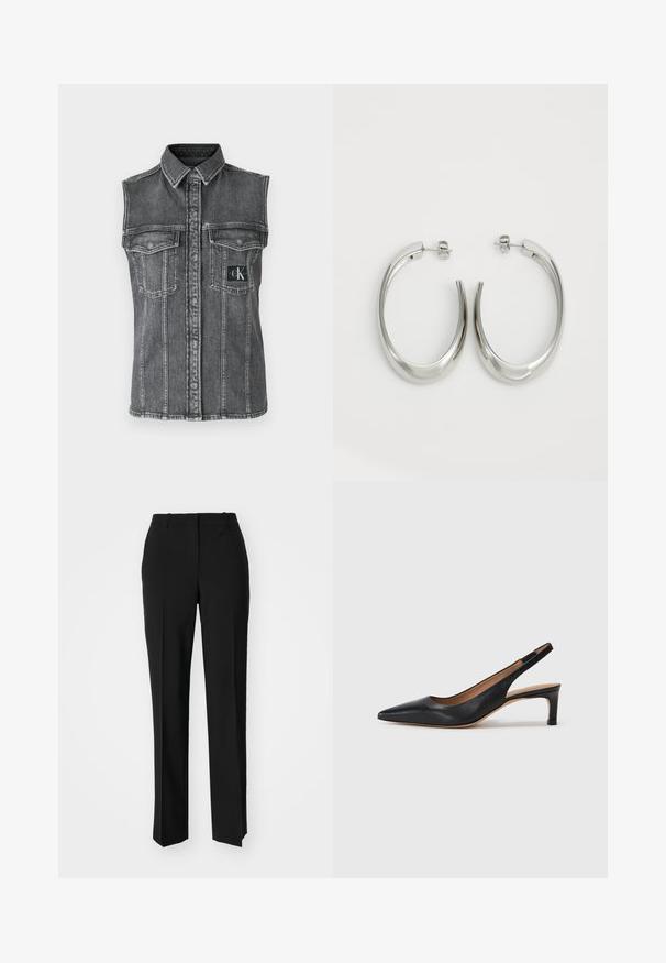 Calvin Klein Jeans SLEEVELESS LEAN SHIRT - Μπλούζα - denim grey; Μαύρο παντελόνι με ραφή που έχει σχεδιασμό ίσιας γραμμής, διαθέτει λεία υφή και καθαρές πτυχώσεις κατά μήκος της μπροστινής πλευράς. Χωρίς ορατό μεταλλικό υλικό.; Μαύρο δερμάτινο παπούτσι slingback με μυτερή μύτη, χαμηλό τακούνι και ομαλή υφή. Διαθέτει λεπτό ρυθμιζόμενο λουράκι για ασφαλή εφαρμογή.; Ασημένια σκουλαρίκια κρίκοι με μαλακή, καμπυλωτή σχεδίαση. Διαθέτουν γυαλιστερή μεταλλική υφή και κλείσιμο με σφίγγα. Χωρίς ορατά μοτίβα ή διακοσμήσεις.