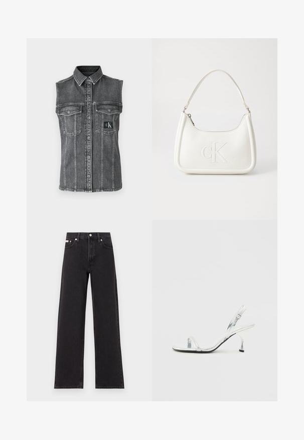 Calvin Klein Jeans SLEEVELESS LEAN SHIRT - Top - denim grey; Black wide-leg jeans made of denim, featuring a high-rise waist, five-pocket styling, and a metal button closure with contrasting stitching.; Silver patent leather slingback high heel sandal with a narrow toe strap, adjustable buckle, and a slender heel.; White leather handbag with a curved shape, featuring an embossed "CK" logo on the front and a single shoulder strap. Zipper closure at top.