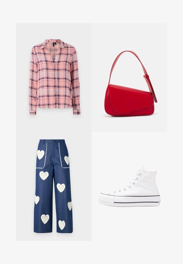 Camisa de manga larga, abotonada, en un patrón de cuadros rosa y azul marino. Tejido suave, cuello con solapa y un corte relajado con mangas con puños.; Sister Jane HEART TO HEART - Vaqueros rectos - blue denim; Zapatilla de lona alta blanca con suela de goma negra, puntera de goma frontal y seis ojetes para los cordones, que presenta un diseño limpio y minimalista.; Bolso de cuero rojo con un diseño angular y geométrico. Cuenta con una única correa ajustable y un cierre de solapa con detalles de costura.