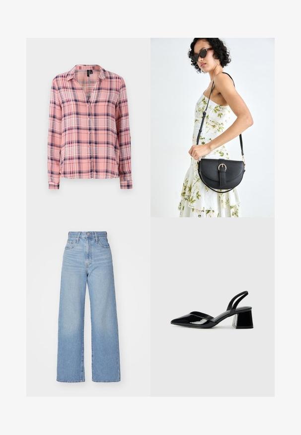 Pikkade varrukatega, nööpidega särk roosa ja tumesinise ruudulise mustriga. Pehme kangas, kraega kaelus ja lõdva istuvusega mansettide varrukad.; Heledad sinine kõrge vöökohaga laiad teksad, ees nupp ja tõmblukk, ees ja taga taskud, valge tausta peal.; Mustad musta lakknahk kingad, millel on terav varvas ja geomeetriline plokkkonts. Omab elegantselt minimalistlikku disaini ja sujuvat tekstuuri.; Mustmust mustraha kõverate joontega, eemaldatava rihmaga ja kuldsete detailidega. Kotil on klapp, millel on pandladetail.