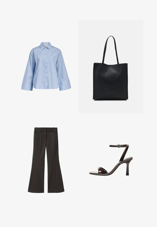 Object LOOSE FIT - Bluza s gumbima - serenity; Crne široke hlače s visokim strukom; sadrže dva prednja džepa i glatku teksturu materijala. Pogodne za razne prigode.; Smeđi lakirani kožni sandali s visokim potpeticama, remenom oko članka, otvorenim prstima i elegantnim, minimalističkim dizajnom. Imaju kvadratnu potpeticu.; Crna kožna torba za nošenje s glatkom teksturom, pravokutnim oblikom i dvije duge ručke. Nema vidljivih metalnih dijelova ili ukrasa.