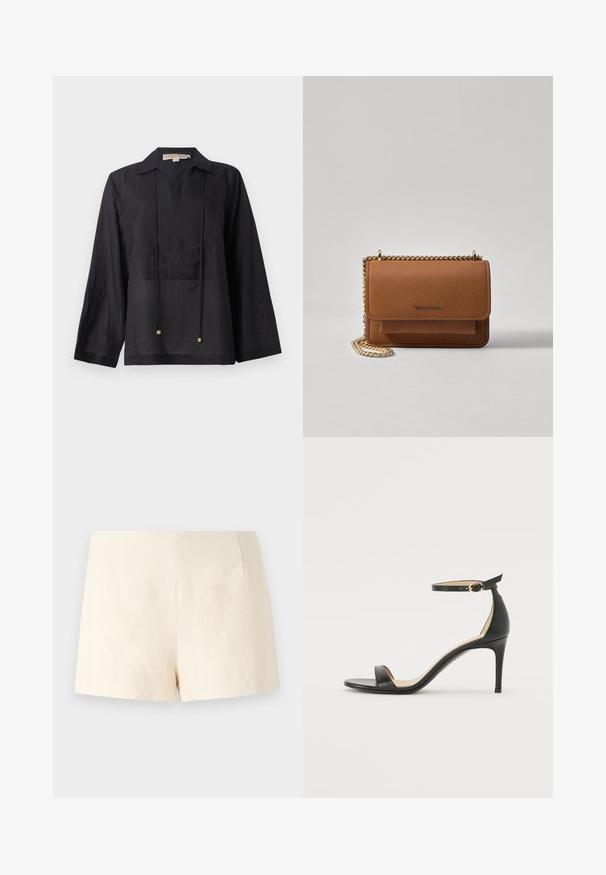 Czarna koszula z długim rękawem, wykonana z lekkiego materiału, z kołnierzykiem, dekoltem w serek oraz dwoma sznurkami z złotymi akcentami.; Beżowe szorty dopasowane, wykonane z lekkiego materiału, z gładką teksturą, prostymi liniami i bez widocznych zapięć czy kieszeni.; Czarne skórzane sandały na wysokim obcasie z paskiem na kostce. Charakteryzują się gładką fakturą, otwartym noskiem i cienkim obcasem. Złoty detal z klamrą.; Brązowa skórzana torba na ramię z teksturą, z złotym łańcuszkiem i zapięciem na klapkę. Z przodu znajduje się detal z logo oraz kieszeń pod klapką.