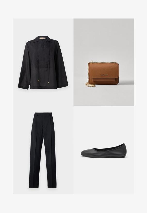 Maglietta nera a maniche lunghe realizzata in tessuto leggero, con collo a camicia, scollo a V e due cordini con dettagli dorati.; Pantaloni neri realizzati in tessuto morbido, caratterizzati da vita alta, gambe larghe, pince frontali e classiche passanti per cintura. Non ci sono tasche laterali visibili.; Pantofole da balletto nere in pelle con punta arrotondata, texture liscia, dettagli di cucitura minimi e design con suola flessibile.; Borsa a tracolla in pelle marrone con texture, dotata di catena dorata e chiusura a pattina. Sul davanti presenta un dettaglio con logo e una tasca sotto la pattina.