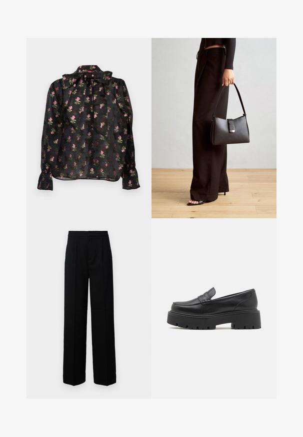 Blusa nera trasparente con un motivo floreale in rosa e verde, dotata di colletto a fiocco, chiusura frontale con bottoni e maniche lunghe con polsini arricciati.; Pantaloni neri a gamba larga con una texture liscia, dotati di una parte anteriore piatta, pieghe e una vita sagomata. Senza hardware visibile o motivi.; Mocassini neri in pelle con una suola bassa e chunky in gomma, dettagli cuciti sulla parte superiore e una texture liscia.; Borsa nera con forma strutturata, texture liscia e una chiusura metallica. Abbinata a pantaloni neri larghi e sandali open-toe su un pavimento in legno.