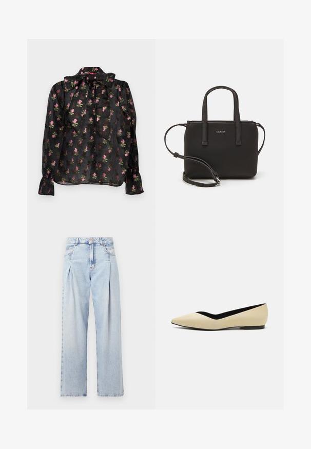 Juodas permatomas palaidinė su rožinėmis ir žaliomis gėlėmis, su kaspinėlio krakliniu apykakliu, mygtukine priekyje ir ilgomis rankovėmis su surinktais lankeliais.; Šviesiai mėlyni džinsai su aukštu liemeniu, plačiomis kojomis, dviem šoninėmis kišenėmis ir raukinių dizainu. Minkšta tekstūra su nudilusia apdaila.; Aštraus nosies plokšti batai iš šviesiai rudos odos su žemu juodu padu. Interjere yra kontrastinė juoda pamušalas. Lygus paviršius, be raštų.; Juoda rankinė su dviem trumpais rankenėlėmis ir nuimamu petį. Lygaus odos tipo medžiaga su užtrauktuku ir logotipo detale.