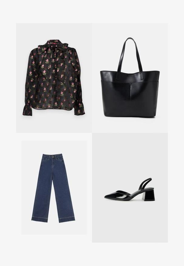 Čierna priesvitná blúzka s kvetinovým vzorom v ružovej a zelenej farbe, so golierom s mašľou, zapínaním na gombíky vpredu a dlhými rukávmi s nariasenými manžetami.; Džínsy s širokými nohavicami v tmavomodrom denime. Majú päť vreciek, pútka na opasok a surový spodný lem s viditeľnými švy.; Čierne lakované kožené sandálové podpätky s špicatou špičkou a geometrickým blokovým podpätkom. Disponujú elegantným, minimalistickým dizajnom a hladkým povrchom.; Čierna kožená tote taška s dvoma dlhými rúčkami, hladkým povrchom a štruktúrovaným tvarom. Obsahuje prednú kapsu pre dodatočné uskladnenie.