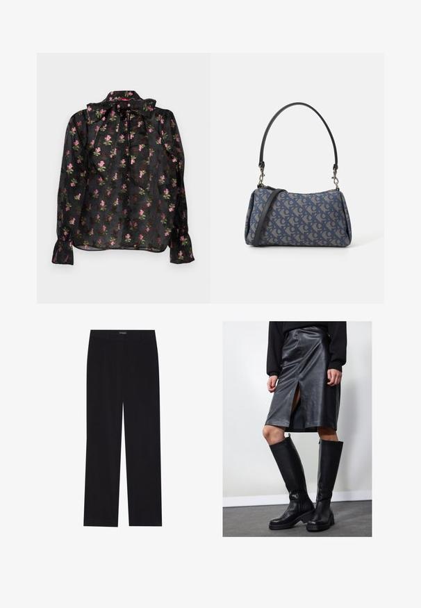 Svart gjennomsiktig bluse med blomster mønster i rosa og grønn, med en sløyfe krage, knappestolpe og lange ermer med rynkede mansjetter.; Sorte kordfløyelsbukser med rett snitt, med flat midje og ingen synlige lommer, glatt tekstur og vertikal ribbestruktur.; Svart lær blyantskjørt med frontsliss, kombinert med knelange svarte støvler med glidelås og tykk såle for ekstra høyde.; Blåmønstret håndveske laget av stoff, med buet form, svart lærreim og logodesign i en lysere nyanse.