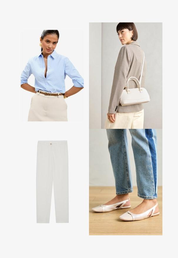 Light blue pinstriped button-up shirt with a folded collar and three-quarter sleeves, paired with beige trousers and a brown belt.; White, tailored trousers with a straight leg design, featuring a button closure, belt loops, and side pockets; smooth fabric texture.; Pale pink slingback flats with a pointed toe, made from a smooth leather-like material. Features cut-out details at the sides and a flat heel.; White structured handbag with short handles and a shoulder strap, featuring gold hardware accents and textured material, displayed against a grey background.