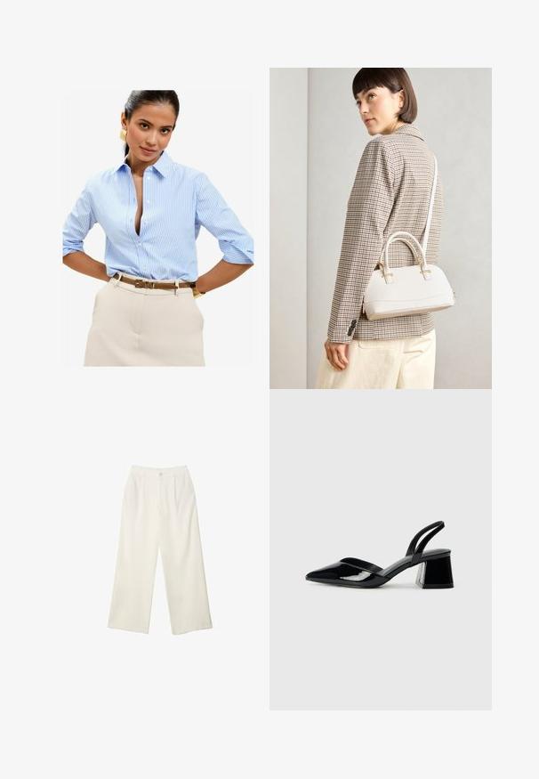 Jasnoniebieska koszula w paski z guzikami, z założonym kołnierzykiem i rękawami do trzech ćwiartek, w zestawieniu z beżowymi spodniami i brązowym paskiem.; Spodnie z szerokimi nogawkami w kremowej tkaninie o gładkiej fakturze, z pojedynczym guzikiem z przodu, subtelnymi plisami i wysokim stanem.; Czarne lakierowane półbuty na obcasie z wydłużonym noskiem i geometrycznym słupkiem. Charakteryzują się eleganckim, minimalistycznym designem oraz gładką fakturą.; Biała torebka o strukturalnym kształcie z krótkimi uchwytami i paskiem na ramię, z złotymi akcentami i teksturowanym materiałem, prezentowana na szarym tle.