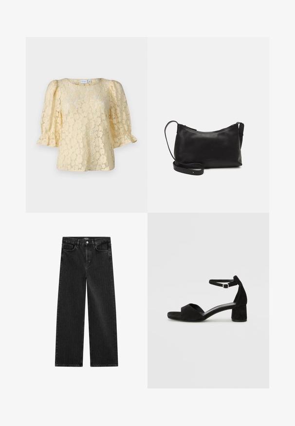 Spitzenoberteil in sanftem Gelb, mit kurzen, puffigen Ärmeln, einem runden Ausschnitt und floralen Mustern auf dem gesamten Stoff.; Weite schwarze Denim-Jeans mit feinem vertikalen Streifenmuster, ausgestattet mit einem Fünf-Taschen-Design und einem klassischen Knopfverschluss an der Taille.; Schwarze Wildleder-Espadrilles mit einem dünnen Knöchelriemen, offener Zehenpartie und moderatem Blockabsatz. Glatte Textur und minimale Akzente.; Schwarze Ledertasche für die Schulter mit glatter Textur, geschwungener Form, verstellbarem Tragegurt und Reißverschluss. Minimalistisches Design ohne Verzierungen.