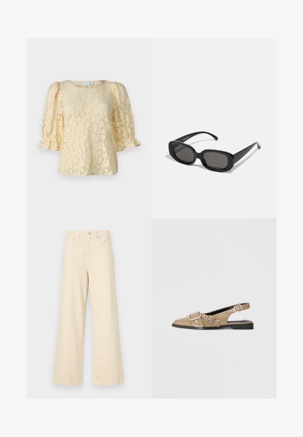 Top rendado em amarelo suave, com mangas curtas bufantes, decote redondo e padrões florais por toda a tecido.; Jeans de perna larga bege feitos de algodão. Apresentam um fecho de botão, passadores para cinto e bolsos frontais com uma textura lisa e suave.; Sapatos slingback de verniz bege com bico apontado, duas fivelas ajustáveis e um salto baixo preto. Textura suave com um acabamento brilhante.; Óculos de sol retangulares pretos com lentes escuras. Armação de plástico grosso, textura suave e bordas arredondadas. As hastes elegantes extendem-se para fora.; Bolsa de ombro em couro preto com textura suave e alça ajustável, combinada com jeans de perna larga desbotados e ténis desportivos.