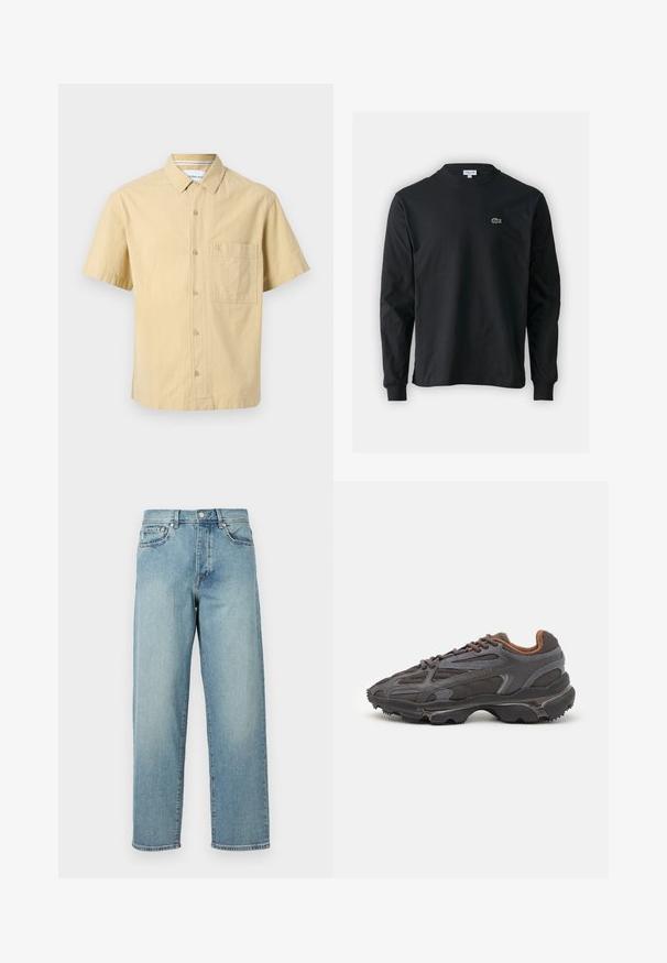 Calvin Klein Jeans Overhemd - pale khaki; Zwarte longsleeve t-shirt van katoen, met een ronde halslijn en een klein groen geborduurd krokodillenlogo op de linkerborst.; Lichtblauwe denim jeans met een losse pasvorm, rechte pijpen, een vijfzakkenontwerp en een knoopsluiting bij de taille. Minimalistische stikdetails.; Lacoste sneakers in donkergrijs van mesh en synthetisch materiaal, met een gestructureerde zool en bruine accenten op de kraag en branding.