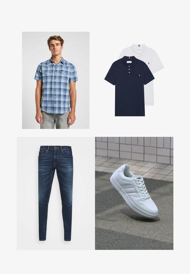 Koszula w kratkę z krótkim rękawem w odcieniach niebieskiego, z kołnierzykiem zapinanym na guziki, kieszeniami na piersi z klapami oraz zaokrąglonym dołem. Gładki materiał bawełniany.; Dwa koszulki polo: jedna granatowa, a druga biała, obie z małym akcentem w kolorach czerwonym, białym i niebieskim na kieszeni na piersi oraz kołnierzyku.; Granatowe dżinsy o slim fit, delikatnym wyblaknięciu, pięciu kieszeniach i metalowym zapięciem. Haftowane akcenty w kontrastowym kolorze.; Białe sportowe trampki z gładkiej skóry, z zapięciem na sznurowadła, perforowanym noskiem i wzorzystą podeszwą. Minimalistyczny design z trzema paskami po bokach.