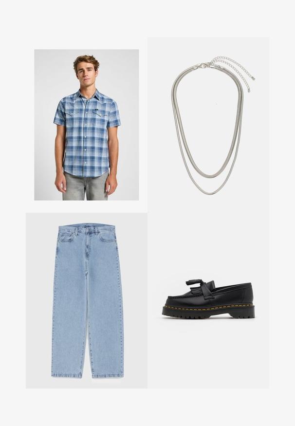 Camicia a maniche corte a quadri in tonalità blu, con colletto button-down, tasche sul petto con pattina e orlo curvo. Tessuto in cotone liscio.; Jeans in denim azzurro chiaro con design a gamba dritta, caratterizzati da una vita media, cinque tasche e chiusura con bottone e zip.; Mocassino in pelle nera con un'accento a frange, dotato di una suola nera spessa e cuciture gialle lungo il bordo. Finitura testurizzata.; Collana in metallo argentato a tre strati caratterizzata da catene sottili e flessibili con una leggera lucentezza, fissata con un gancio a molla e una catena regolabile.