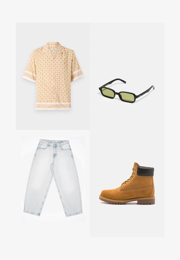 Korte mouwen shirt in lichtgeel met een geometrisch patroon in crème. Beschikt over een knoopsluiting aan de voorkant en contrasterende, met patronen versierde mouwen en zoom.; Lichtblauwe spijkerbroek met een losse, baggy pasvorm. Heeft vijf zakken, knoopsluiting en gestikte details. Verbleekt textuur en rechte pijpen.; Tan suède enkelboot met zwart gevoerd kraagje, gouden metalen oogjes, witte stikdetails en een robuuste rubberen zool met uitgesproken profiel.; Zwarte zonnebril met een hoekig ontwerp, groengetinte lenzen en gladde plastic monturen. Kenmerkt zich door gouden accenten op de pootjes.