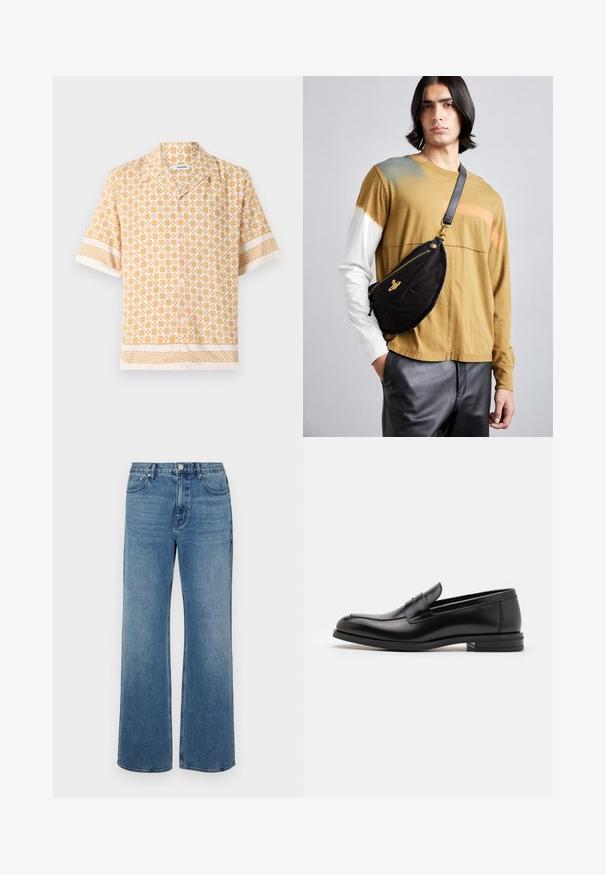 Camicia a maniche corte di colore giallo chiaro con un motivo geometrico in crema. Presenta una chiusura con bottoni sul davanti e polsini e orlo a motivo contrastante.; Jeans a gamba larga blu in denim con una finitura sbiadita. Presentano cinque tasche, una chiusura con bottone frontale e una vestibilità dritta.; Mocassini neri in pelle con una texture liscia, punta arrotondata e una striscia decorativa sulla tomaia. Tacco basso impilato, design minimalista.; Vivienne Westwood CITY BUMBAG UNISEX - Marsupio - black