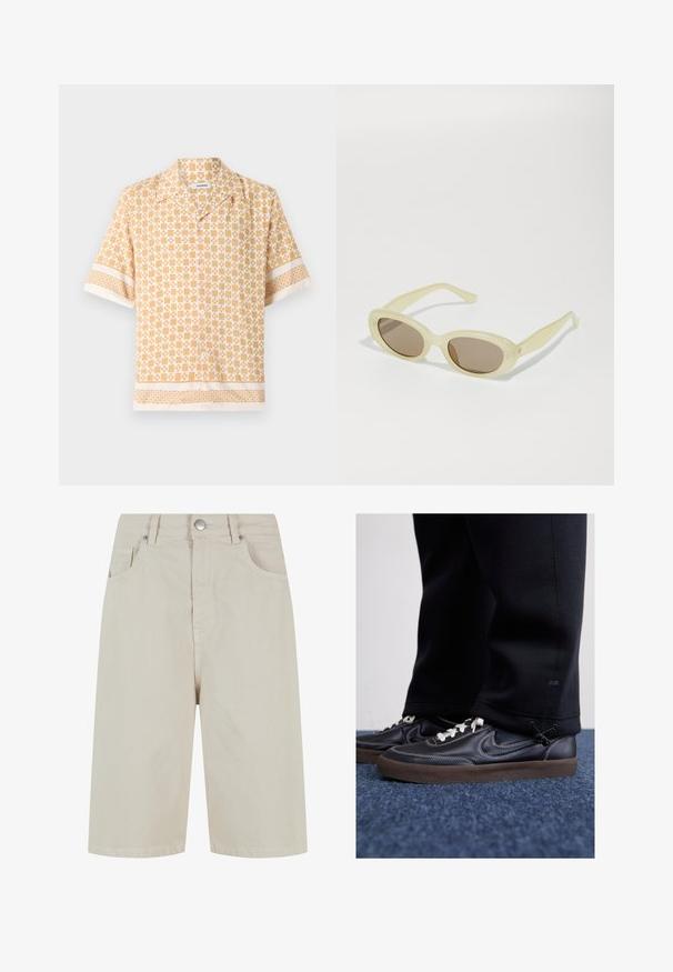 Lyhythihainen paita vaaleankeltaisena, jossa on geomatriinen kuvio kermaisen värisenä. Varustettu napituksella edessä ja erottuvilla kuviollisilla hihansuilla sekä helman viimeistelyllä.; Beige farkut lyhyet housut, joissa on suora leikkaus, etuvajaus ja neljä taskua. Kangas on sileä ja siinä on minimaalinen ompelutyyli.; Nike Sportswear KILLSHOT 2 LTR PRM OPP2 - Matalavartiset tennarit - black sail baroque brown mtlc dk grey; Kellonmuotoiset aurinkolasit, joissa on läpinäkyvä vaaleankeltainen kehys ja ruskeat linssit. Ominaisuuksiin kuuluu sileä pinta ja hienovaraiset metalliosat sivuilla.