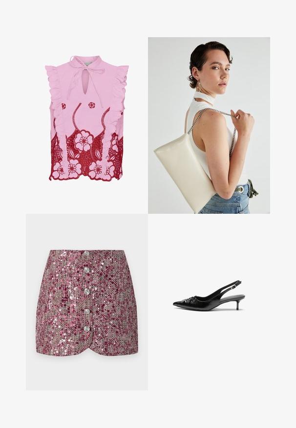 Rozā bezpiedurkņu tops ar volāniem uz pleciem, atslēgas cauruma dekoltē un kontrastējošu sarkanu ziedu mežģīņu detaļu apakšmalā. Gluda auduma tekstūra.; Rozā sekvīnu svārki ar strukturētu audumu, ar pieguļošu dizainu un pieciem sudraba pogām priekšā. Formēta maliņa un mirdzoši akcenti.; Melni ādas sandales ar norādītu pirkstu, mazu kaķa papēdi un dekoratīvu mezglu detaļu priekšā. Gluda tekstūra visā virsmā.; Balts taisnstūra clutch soma, izgatavota no spīdīga materiāla, ar sudraba ķēdes siksnu. Modelis pozē, demonstrējot somu uz vienkārša fona.