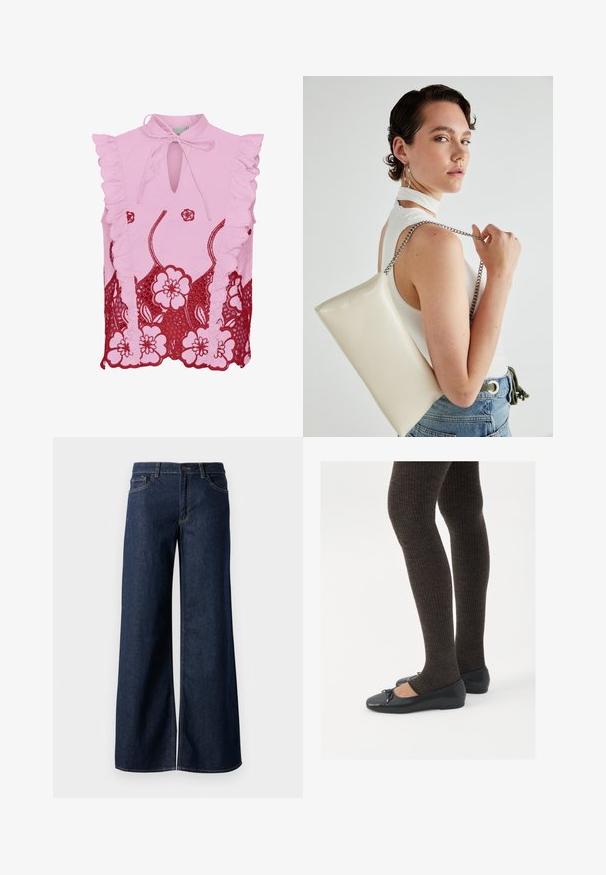 Roza majica bez rukava s naboranim ramenima, izrezom u obliku ključa i kontrastnim crvenim cvjetnim čipkastim detaljem na rubu. Glatka tekstura tkanine.; Široke traperice u tamnoplavoj denim boji. Sadrže kontrastno šivanje, pet džepova i kopčanje na dugme u struku. Glatka tekstura.; Crne ravne cipele s malim mašnom na vrhu prstiju, uparene s tamnosmešnim rebrovanim čarapama. Cipele imaju glatku teksturu i nizak profil.; Bijela pravokutna torbica s kopčanjem, izrađena od sjajnog materijala, s srebrnim lančićem. Model pozira, prikazujući torbicu na jednostavnoj pozadini.