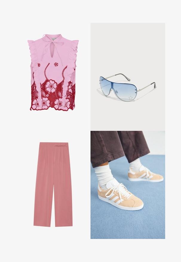 Roosa ilma varrukat tops, rippuvate õlgadega, võtmeaugu kaelus ja kontrastne punane lilleline pitsdetail ääres. Sile kangastekstuuri.; Laiad püksid pehmest roosast kangast, millel on voldid, elastne vöökoht ja kaks nuppu ees.; Beez suede tossud, millel on valged aktsendid, kolm triipu, ümmargune varvas ja tekstureeritud tallad; koos valgete lühikeste sokkidega.; Aviatori prillid, millel on gradient sinine objektiiv, hõbedane metallraam ja dekoratiivsed staaraktsendid objektiivil. Sujuv ja stiilne disain.