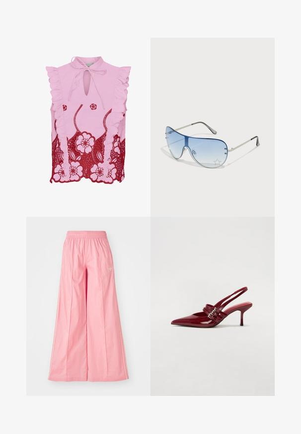 Rózsaszín, ujjatlan felső fodros vállrésszel, kulcslyuk kivágással és ellentétes piros virágos csipke díszítéssel az alján. Simaságú szövettextúra.; Rózsaszín, széles lábú nadrág, könnyű anyagból készült, elasztikus derékkal és finom fehér oldalsávokkal. Kicsi logó az elején.; Piros lakkbőr slingback sarokcipő, hegyes orral, két csatoló pánttal és vékony, közepes magasságú stiletto sarokkal. Simább textúrájú.; Pilóta napszemüveg, melynek áttetsző kék lencséje, ezüst fém kerete és díszes csillag díszítések találhatók a lencsén. Simogató és elegáns dizájn.