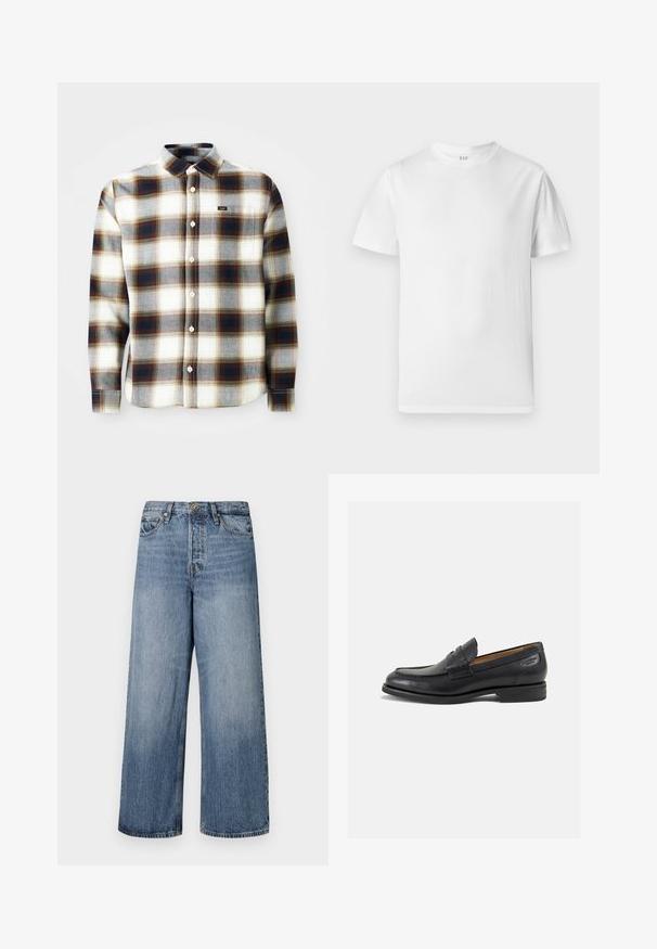 Valge, halli ja pruuni ruudulise mustriga pika varrukaga särk. Omab nööpidega kinnitust, klassikalist kraed ja väikest brändilogo rinnal.; Valge lühikeste varrukatega T-särk, mis on valmistatud pehmest puuvillast. Omab ümmargust kaelust ja sirget äärt, millel on minimaalne detailitunne.; Laia siniste denimpükse, millel on pleekinud pesu, viie tasku disain ja nööbi sulgemine. Varustatud vööde jaoks silmadega ja õmblustega detailidega.; Mustad mustad nahast loafers, sujuva viimistlusega, ümar sirge ja dekoratiivne tikand peal. Madal ja kergelt kuhjatud konts ning kerge läige.