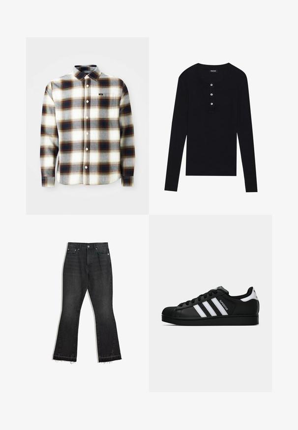 Langärmliges, kariertes Hemd in Weiß, Grau und Braun. Verfügt über ein Knopfdesign, einen klassischen Kragen und ein kleines Markenlogo auf der Brust.; Schwarzes langärmliges Oberteil aus weichem Stoff, mit rundem Halsausschnitt, dreiknopfiger Knopfleiste und taillierten Ärmeln.; Schwarze, ausgestellte Jeans aus Denim mit fransigem Saum, Fünf-Pocket-Design und Knopfverschluss. Glatte Textur, mittelschwerer Stoff.; Schwarzer Adidas Superstar Sneaker mit weißen Streifen, Schalenzehen und "Superstar"-Schriftzug an der Seite, im Seitenprofil auf weißem Hintergrund dargestellt.
