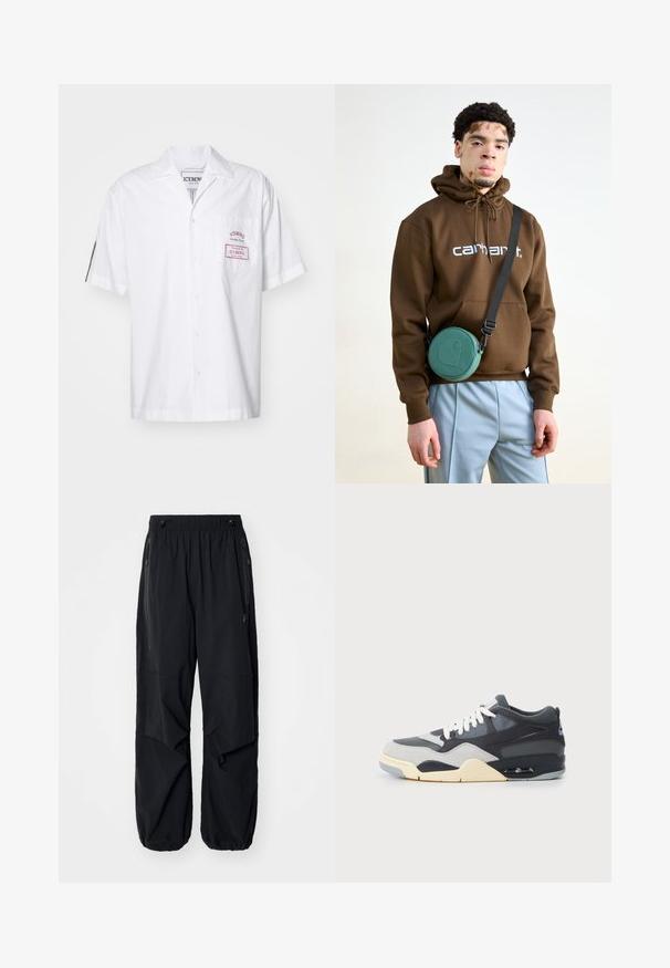 Camicia bianca a maniche corte in cotone con chiusura a bottoni. Presenta una tasca sul petto con una etichetta rossa e un design del colletto classico.; Pantaloni cargo leggeri neri con elastico in vita, zip laterali e tasche ampie. Caratterizzati da una vestibilità comoda e fondi a gamba affusolata.; Sneaker con tomaia in materiali misti grigia e blu navy, suola ammortizzata, lacci bianchi e un logo blu accentato sul tallone.; Felpa con cappuccio marrone e logo bianco, abbinata a pantaloni blu chiaro. Una borsa verde circolare pende da una tracolla nera.