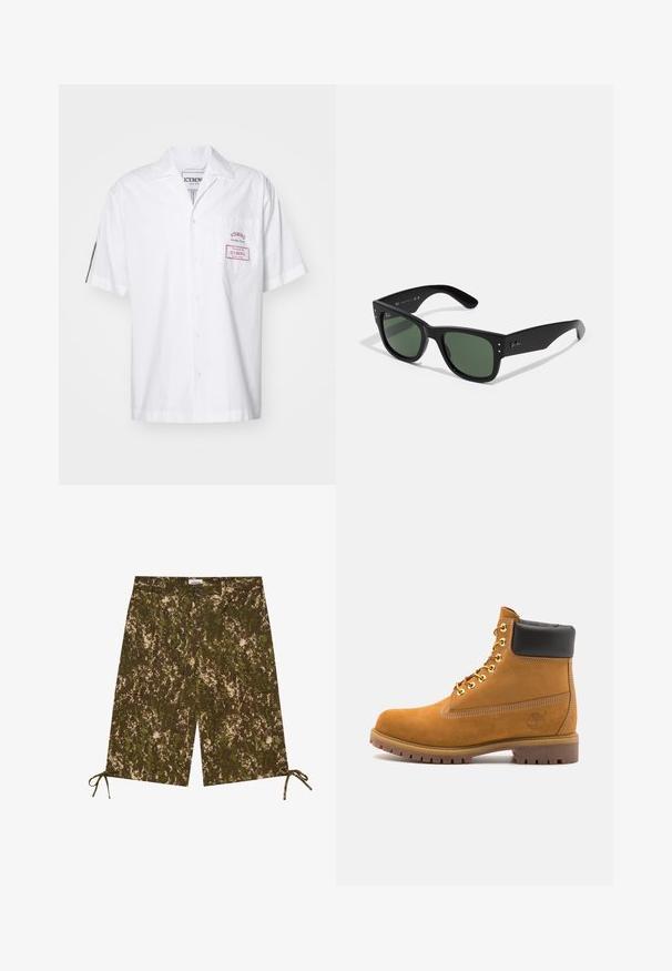 Biała koszula z krótkim rękawem, wykonana z bawełny, z zapięciem na guziki. Posiada kieszeń na piersi z czerwoną metką oraz klasyczny krój kołnierzyka.; Szorty w kamuflażowy wzór w odcieniach zieleni i brązu, wykonane z lekkiego materiału, z bocznymi kieszeniami i regulowanymi wiązaniami na końcu.; Beżowe zamszowe botki sięgające kostki z czarną wyściełaną krawędzią, złotymi oczkami, białymi detalami szycia oraz wytrzymałą gumową podeszwą z wyraźnym bieżnikiem.; Czarne prostokątne okulary przeciwsłoneczne z zielonymi soczewkami, matowe wykończenie, subtelne akcenty metalowe i wytłoczone logo na zauszniku.