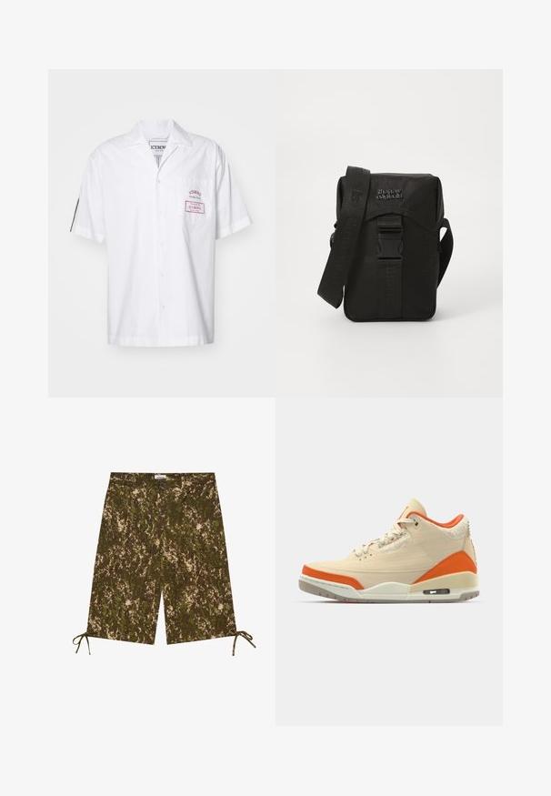 Hvid skjorte med korte ærmer lavet af bomuld, med knaplukning. Har en brystlomme med et rødt mærke og en klassisk kraveudformning.; Camouflage-mønstrede shorts i nuancer af grøn og brun, lavet af et let materiale, med sidelommer og justerbare snore i kanten.; Beige sneakers med orange accenter, overdækning i lærred, teksturerede detaljer ved hælen, og en synlig luftenhed i sålen.; Sort nylon messenger taske med en frontklap, justerbar rem og en plastikspænde. Har tekstureret branding på remmen og taskens krop.