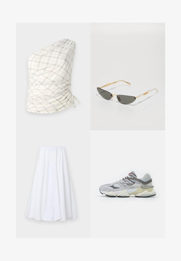 Egyszerű vállú felső, világos, kockás mintával, krémszínű, szürke és finom sárgában. Ráncos részletekkel és húzózsinóros kiegészítőkkel rendelkezik.; Fehér, bokáig érő szoknya, elastikus derekkal, könnyű anyagból, sima textúrával és lebegő sziluettel.; Szürke velúr és hálós sneaker vastag fehér és bézs talppal, kiemelkedő fehér logóval és piros részletekkel.; Arany keretes napszemüveg sötétszürke lencsékkel. Egyedi macskaszem forma. A szárakon váltakozó arany gyöngyök és gyöngy díszek találhatók.