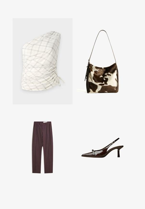 Én-skulder top i et lyst, ternet mønster af creme, grå og subtil gul. Har rynkede detaljer og snorede afslutninger.; Lilla stribede bukser med plisseringer, der har høj talje og lige ben. Fremstillet af et glat, tekstureret stof.; Brun patentlæder slingback sko med spids tå, lav hæl og en dekorativ sløjfe foran. Glat, skinnende tekstur.; Brun og creme farvet koe læder skuldertaske med en glat læderrem, lynlås lukning og en blød, tekstureret overflade med et naturligt mønster.