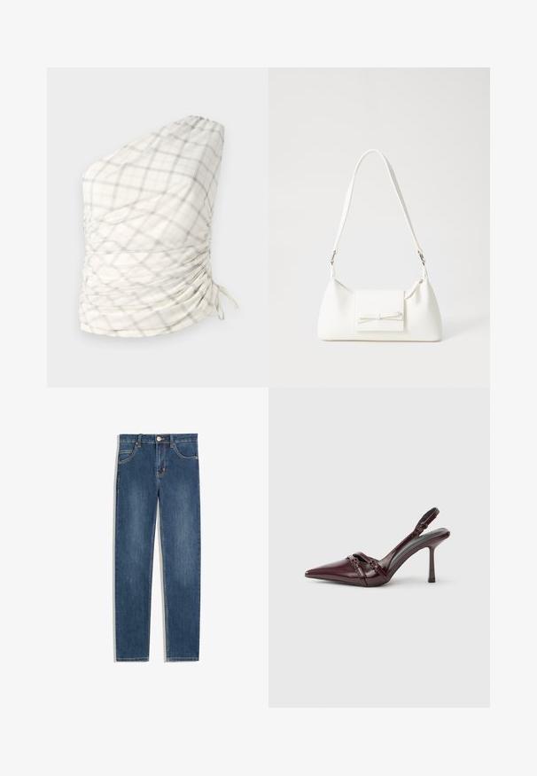 One-shoulder top in a light, checkered pattern of cream, gray, and subtle yellow. Features ruched detailing and drawstring accents.; Dark blue denim jeans with a straight fit, five pockets, subtle stitching detail, and a metal button at the waist.; Burgundy patent leather slingback heel with pointed toe, thin ankle strap, and small decorative buckle detail. Smooth texture and high heel.; White synthetic handbag with a triangular shape, flat front flap and bow detail, adjustable strap, smooth texture, and minimalistic design.