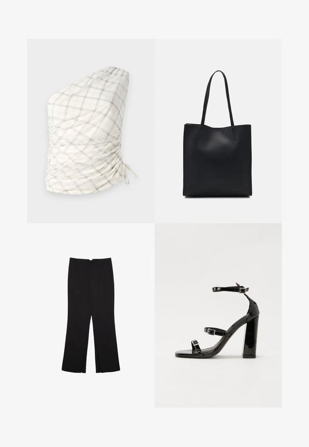 Haut à une épaule dans un motif léger à carreaux de crème, gris et jaune subtil. Présente des détails froncés et des accents à cordon.; Pantalon noir avec une coupe droite, doté de poches avant et d'éclairs sur l'ourlet. Fabriqué en tissu doux et lisse. Convient à diverses occasions.; Sandales à talons vernies noires avec un bout carré, des sangles autour de la cheville et des boucles en argent. Dotées d'un talon bloc épais pour plus de stabilité.; Sac fourre-tout en cuir noir avec une texture lisse, de forme rectangulaire et deux longues poignées. Pas de matériel ou d'ornementations visibles.