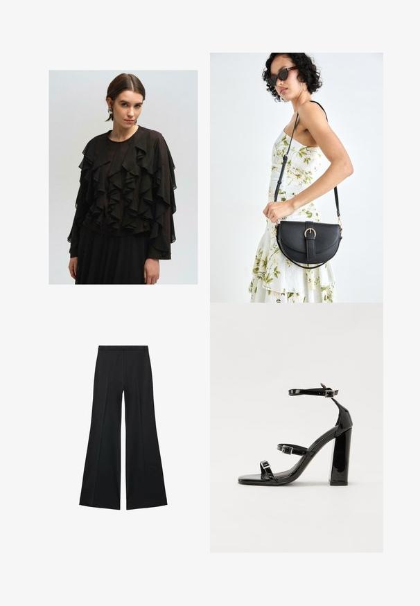Črna bluzica z slojevitimi volančki, izdelana iz lahkotnega materiala. Dolgi rokavi, okrogel izrez in tekoč dizajn. Enobarvna črna podlaga.; Črne široke hlače z gladko teksturo, ki imajo sprednje nabore in kroj po meri. Tkanina je lahka in zračna.; Črne lakirane sandale s peto, kvadratnim prstom, trakovi okrog gležnja in srebrnimi zaponkami. Opremljene so s stabilno Debelo peto.; Črna usnjena torbica s ukrivljeno obliko, z odstranljivo naramnico in zlatimi dodatki. Torbica ima pokrov s podrobnostmi v obliki zaponke.