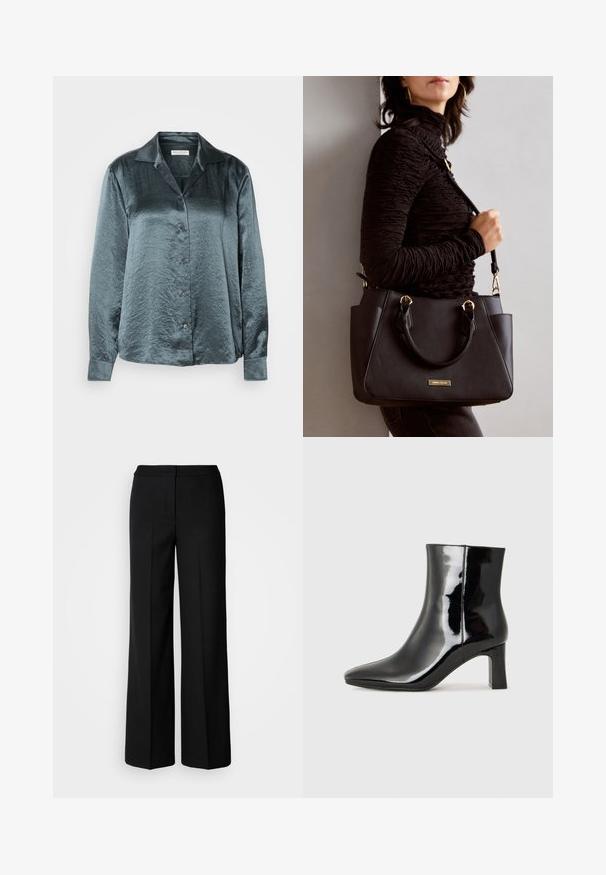 Tamno tirkizna saten košulja dugih rukava s ovratnikom, prednjim otvorom na gumbe, glatkom teksturom i blagim sjajem, s pet gumba i manžetama na rukavima.; Crne široke hlače od glatkog materijala, s visokim strukom, krojenim šavovima i minimalističkim dizajnom. Bez vidljivih metalnih dijelova ili džepova.; Crne lakirane kožne gležnjače s šiljastim prstom i srednje visokom blok petom. Glatka tekstura i minimalistički dizajn.; Crna torba s teksturiranom površinom, dvostrukim gornjim ručkama i podesivom remenom za rame. Ima zlatne metalne detalje i bočne džepove.