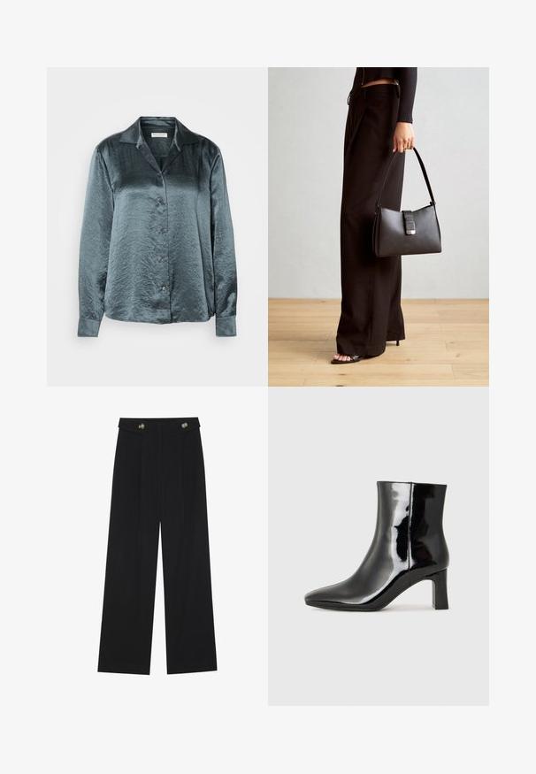 Dunkelblaue Satinbluse mit langen Ärmeln, Kragen, durchgehender Knopfleiste, glatter Oberfläche und leichtem Glanz, ausgestattet mit fünf Knöpfen und geknöpften Ärmeln.; Schwarze weite Hosen mit hoher Taille, Knopfdetails am Bund und vorderen Falten.; Schwarzer Lackleder-Stiefelette mit spitzer Zehe und einem mittelhohen Blockabsatz. Glatte Textur und minimalistisches Design.; Schwarze Handtasche mit strukturierter Form, glatter Textur und einem metallischen Verschluss. Kombiniert mit weiten schwarzen Hosen und offenen Sandalen auf einem Holzboden.